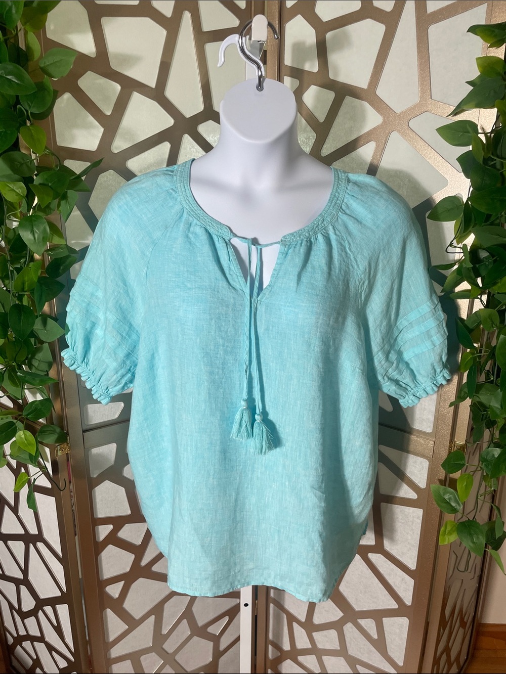 Talbots Aqua Tie-Front Linen Peasant Blouse, XL